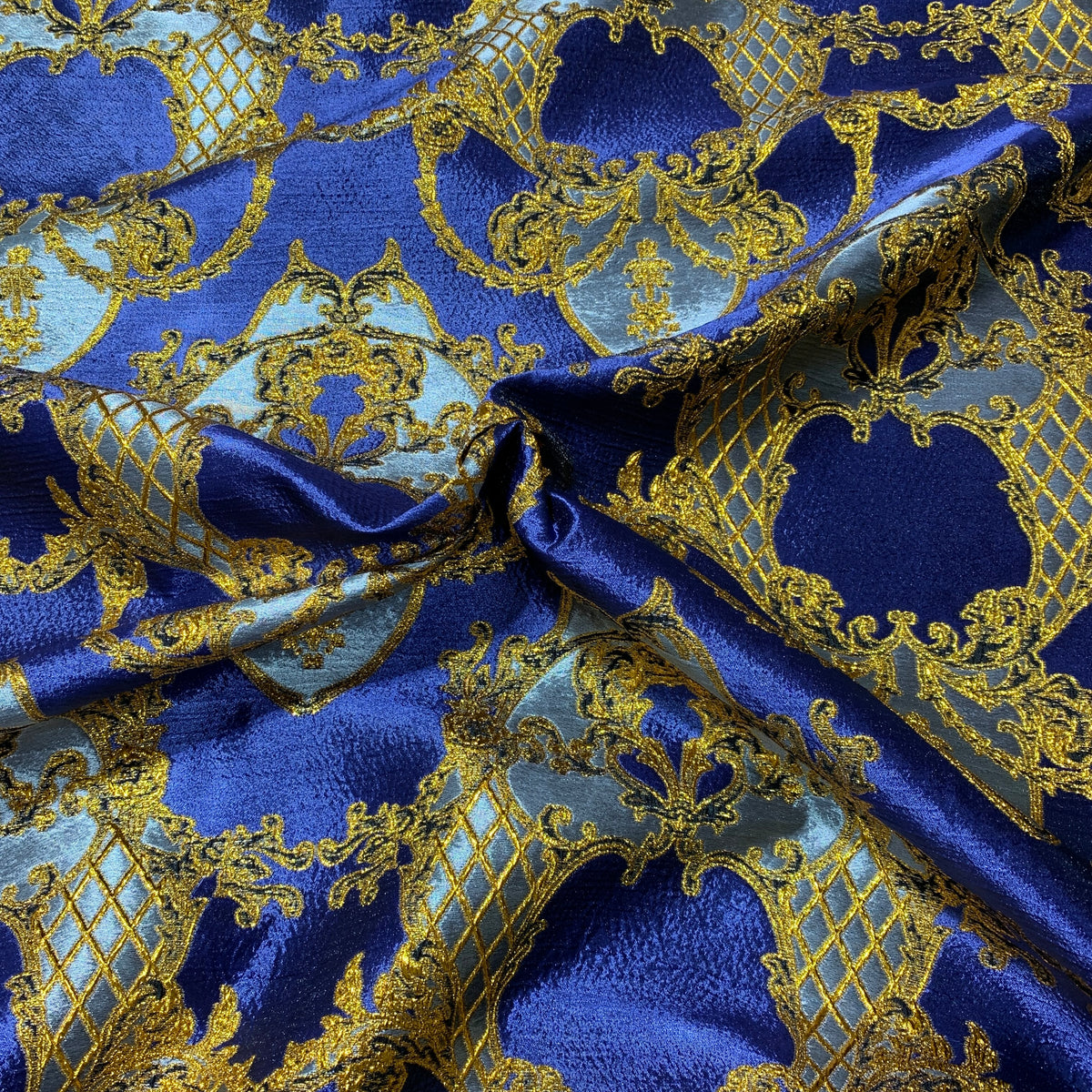 Royal Blue and Gold Damask Textured Brocade Fabric