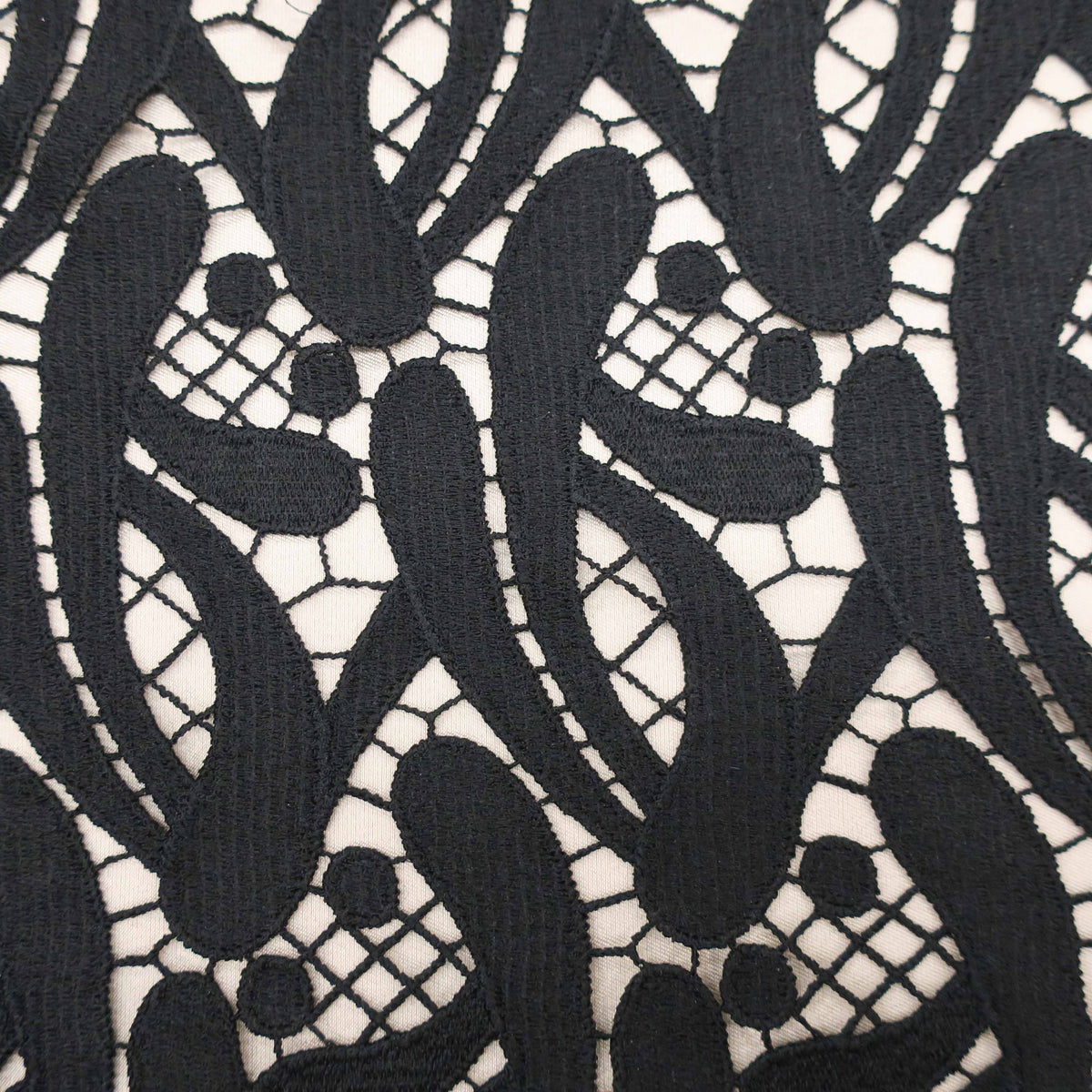 Black Abstract Designed Guipure Lace Fabric, Black Lace Fabric