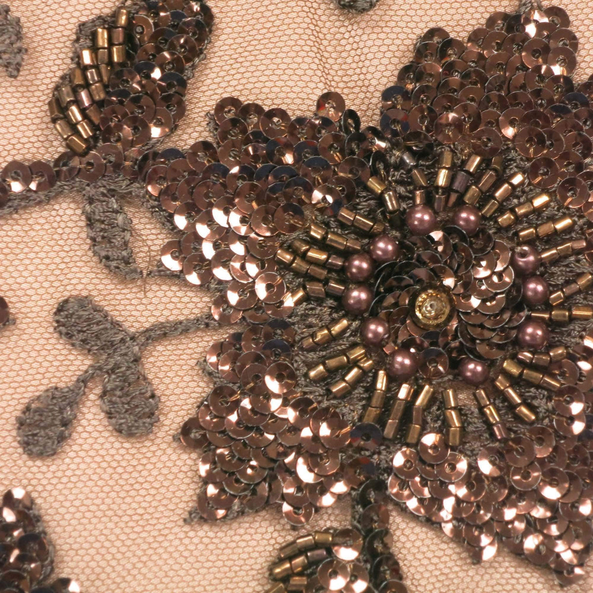 Brown Floral Sequin Beaded Embroidered Tulle Fabric