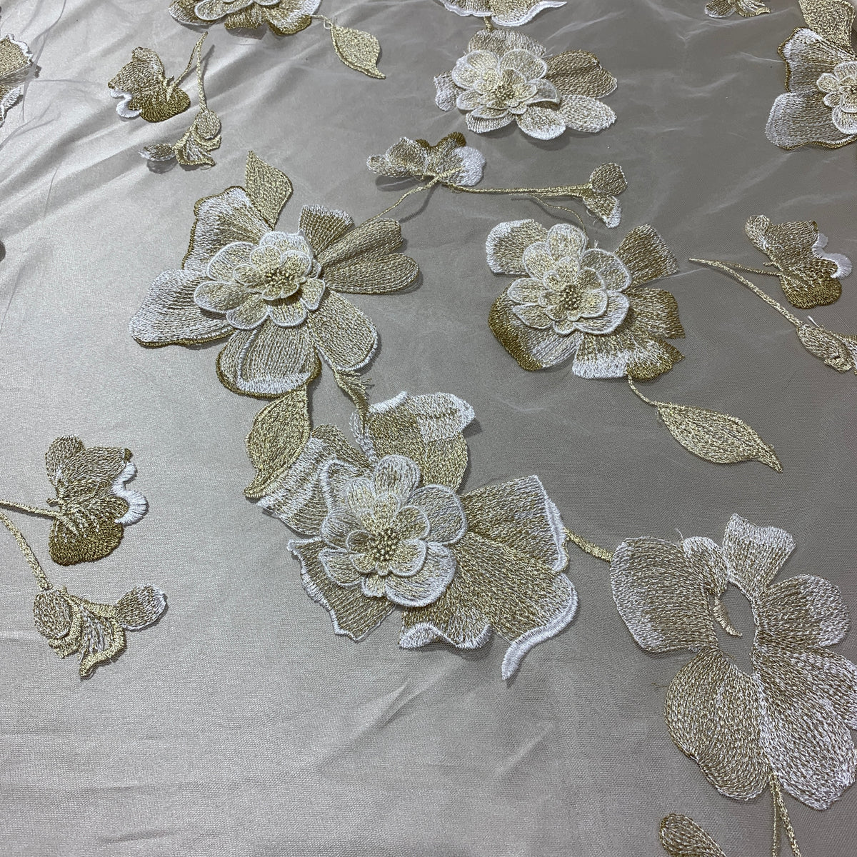 Beige and White Floral Tulle Embroidered Fabric | Rex Fabrics