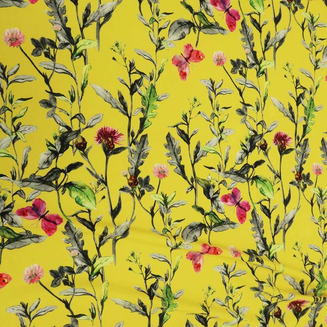 Yellow Background with Gray Floral Printed Fabric | Rex Fabrics