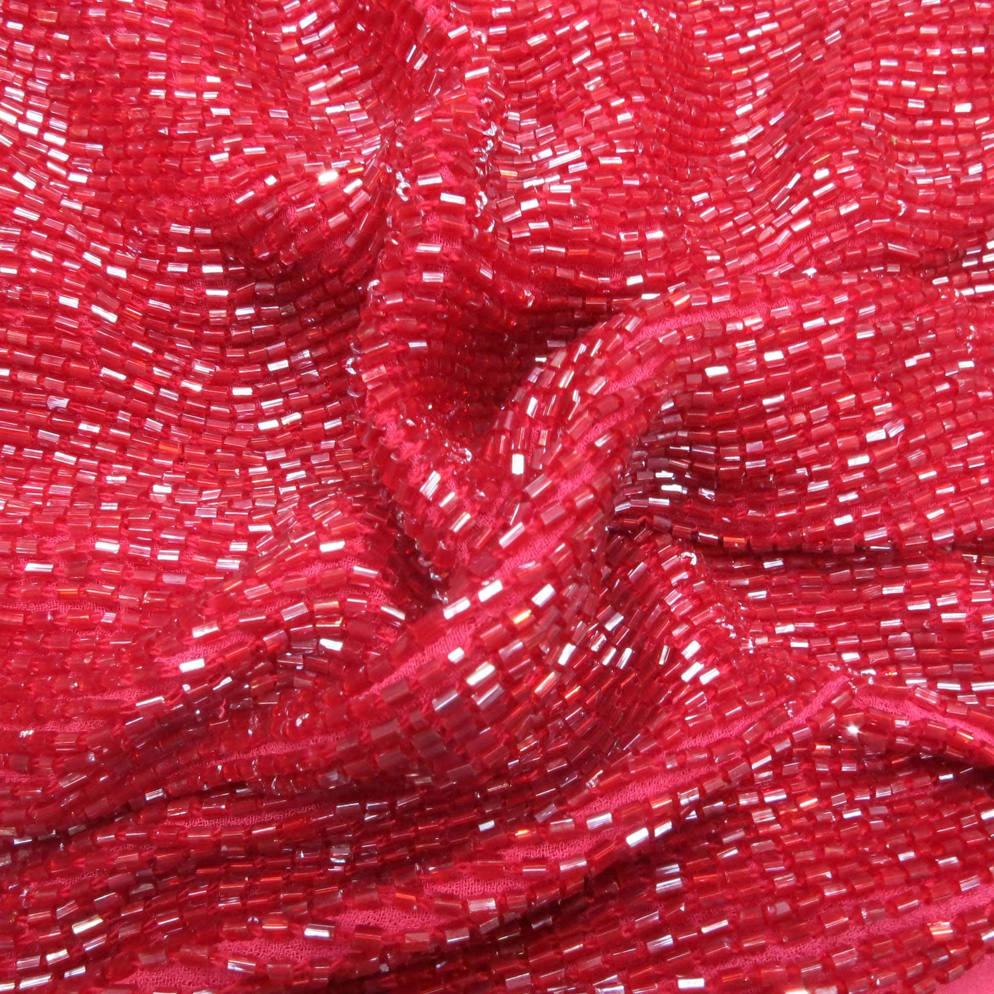Red Bugle Bead On Silk Georgette Ground Fabric | Rex Fabrics