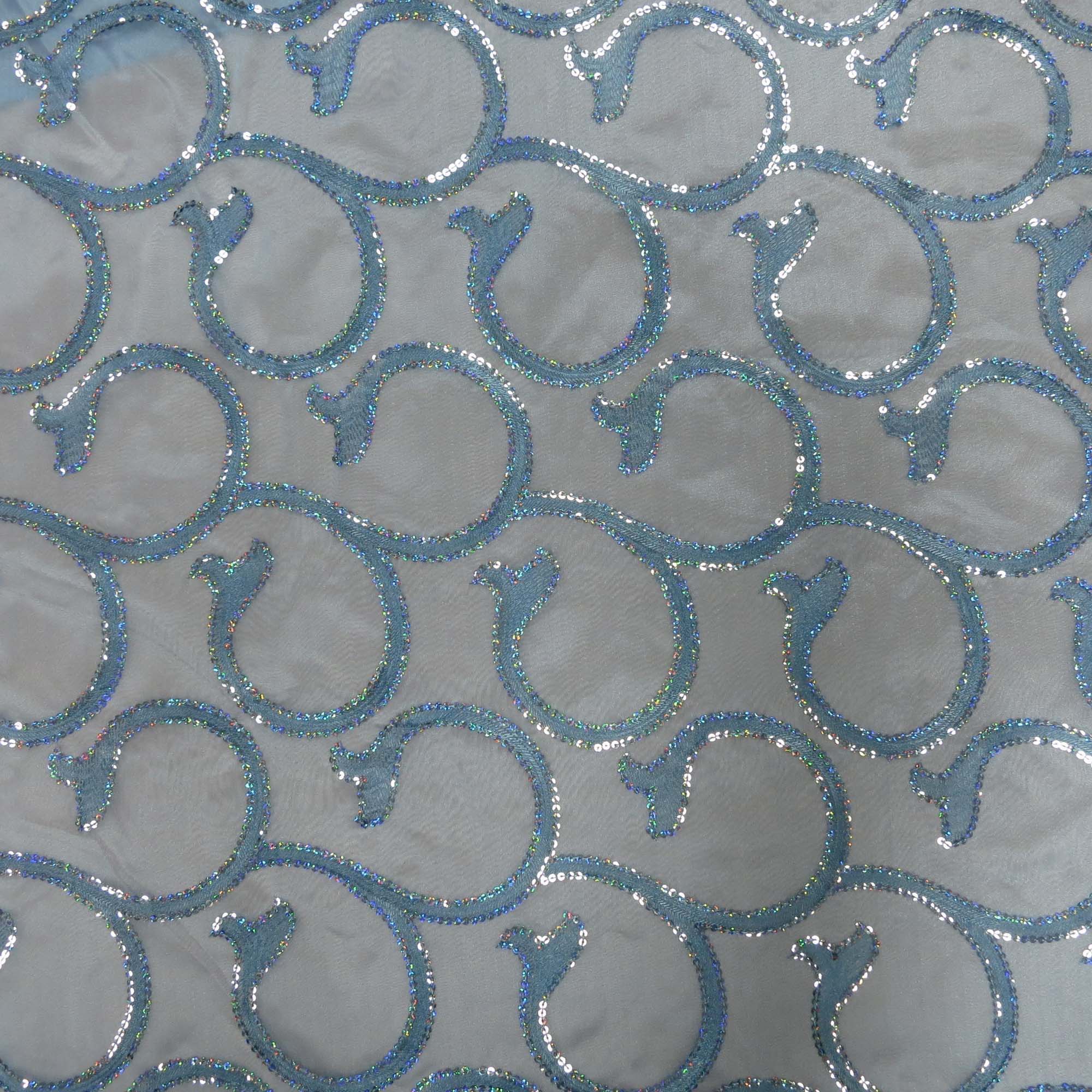 Thread & Sequence Embroidery On Sky Blue Pure Organza Fabric With