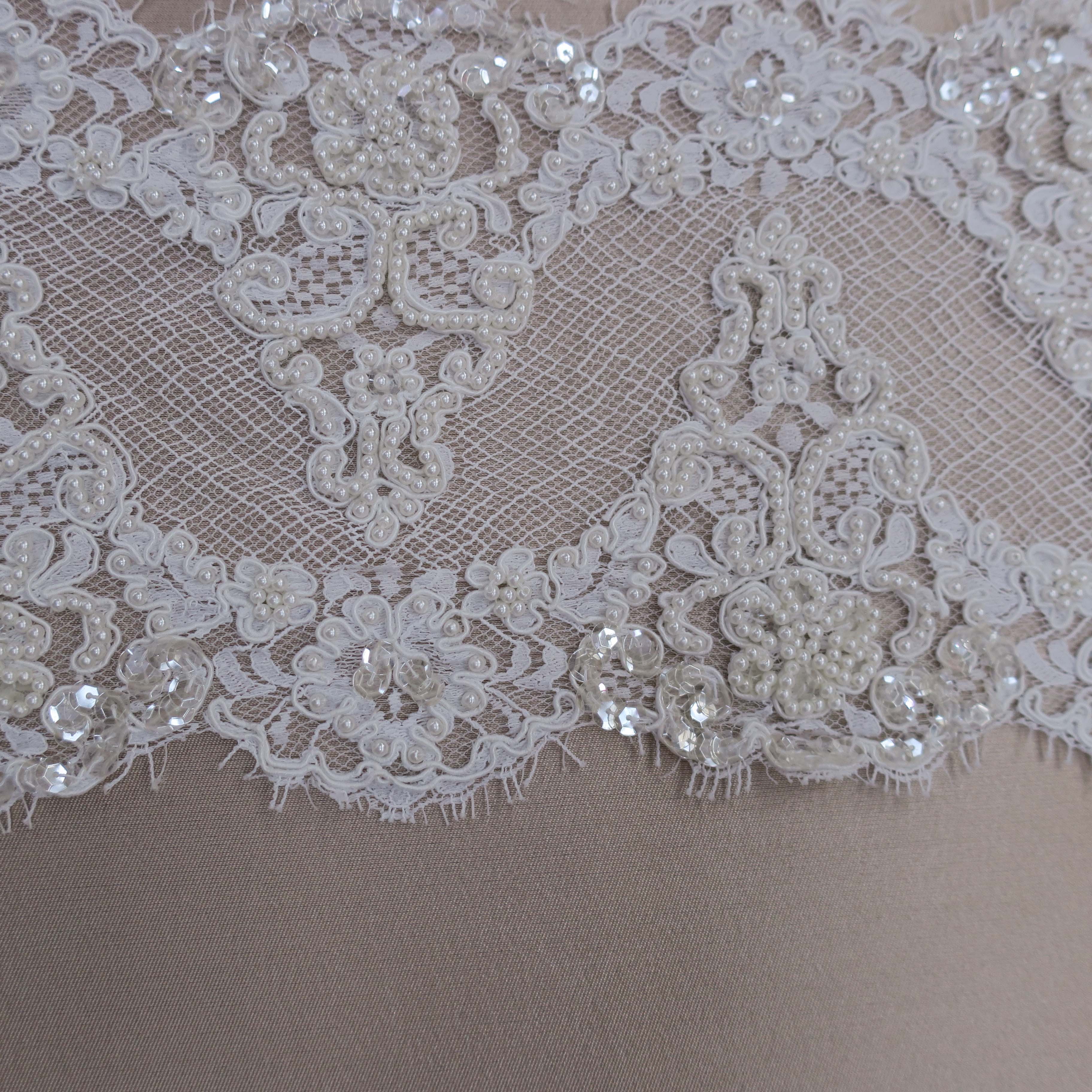 White French Beaded Floral Corded Lace Trim