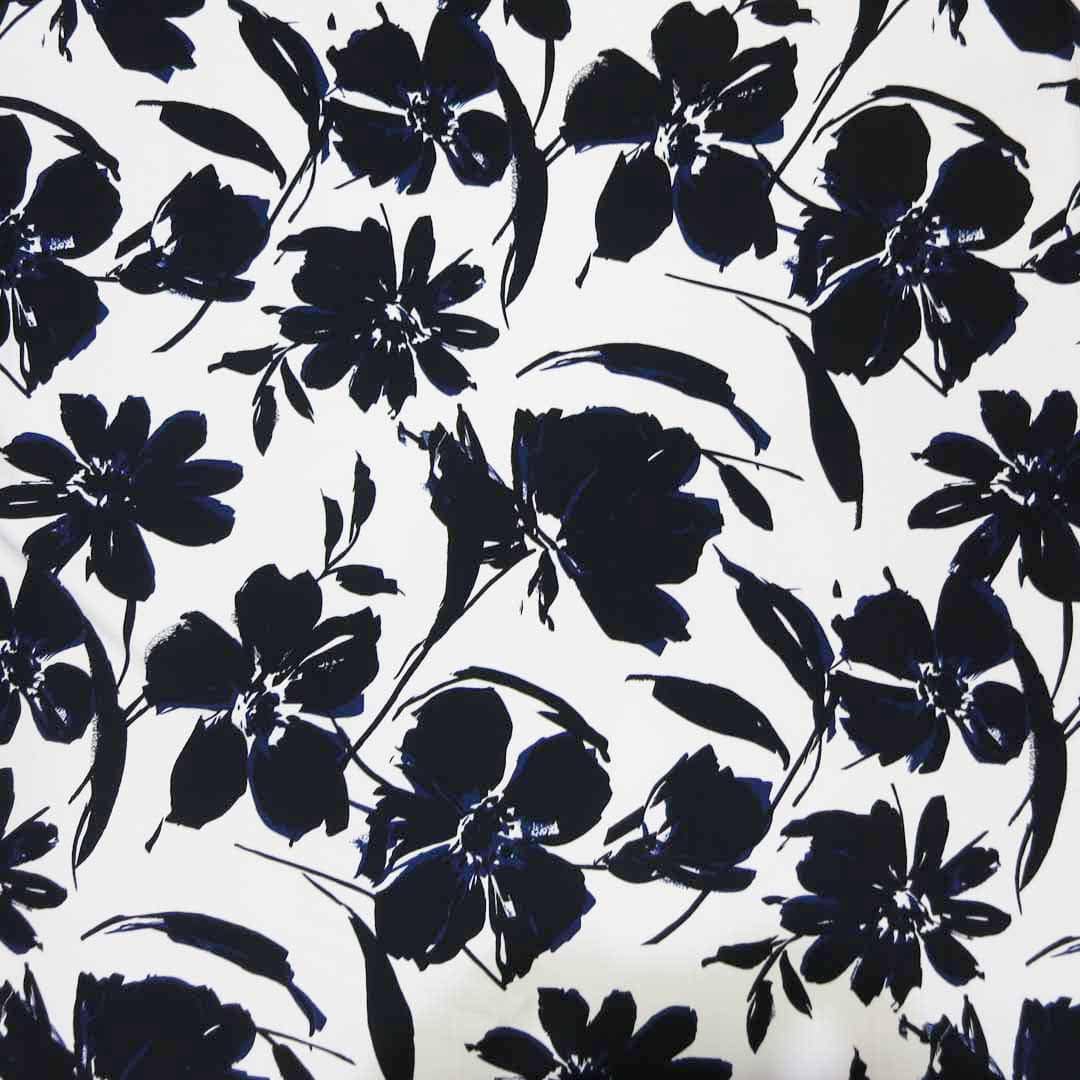 Black and White with Purple Accents Floral Printed Crepe | Rex Fabrics